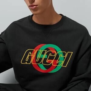Gucci Interlocking Logo Crew Neck Sweat in black cotton jersey NWT SZ L